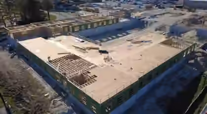 Aerial view of large commercial wood framing and floor construction