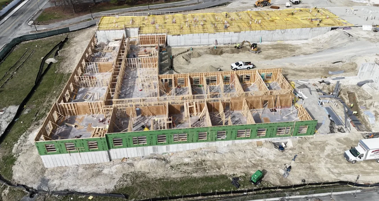 Aerial view of commercial foundation and wood framing construction