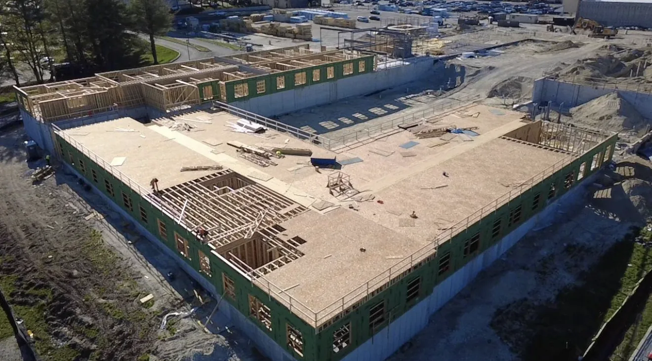 Aerial view of large commercial wood framing and floor construction